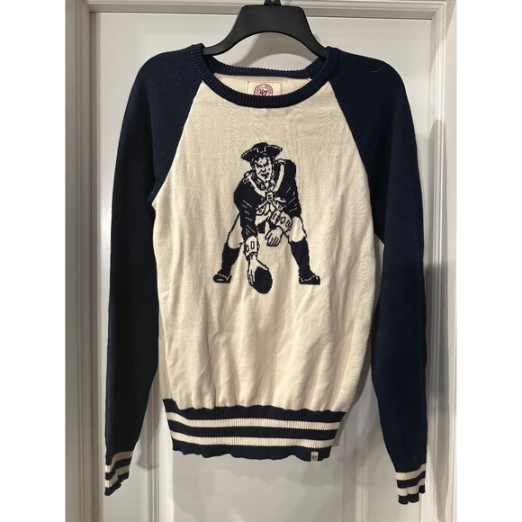 47 Brand Patriots Sweater Medium Navy & White With Striped Hem And Cuffs - Picture 2 of 4